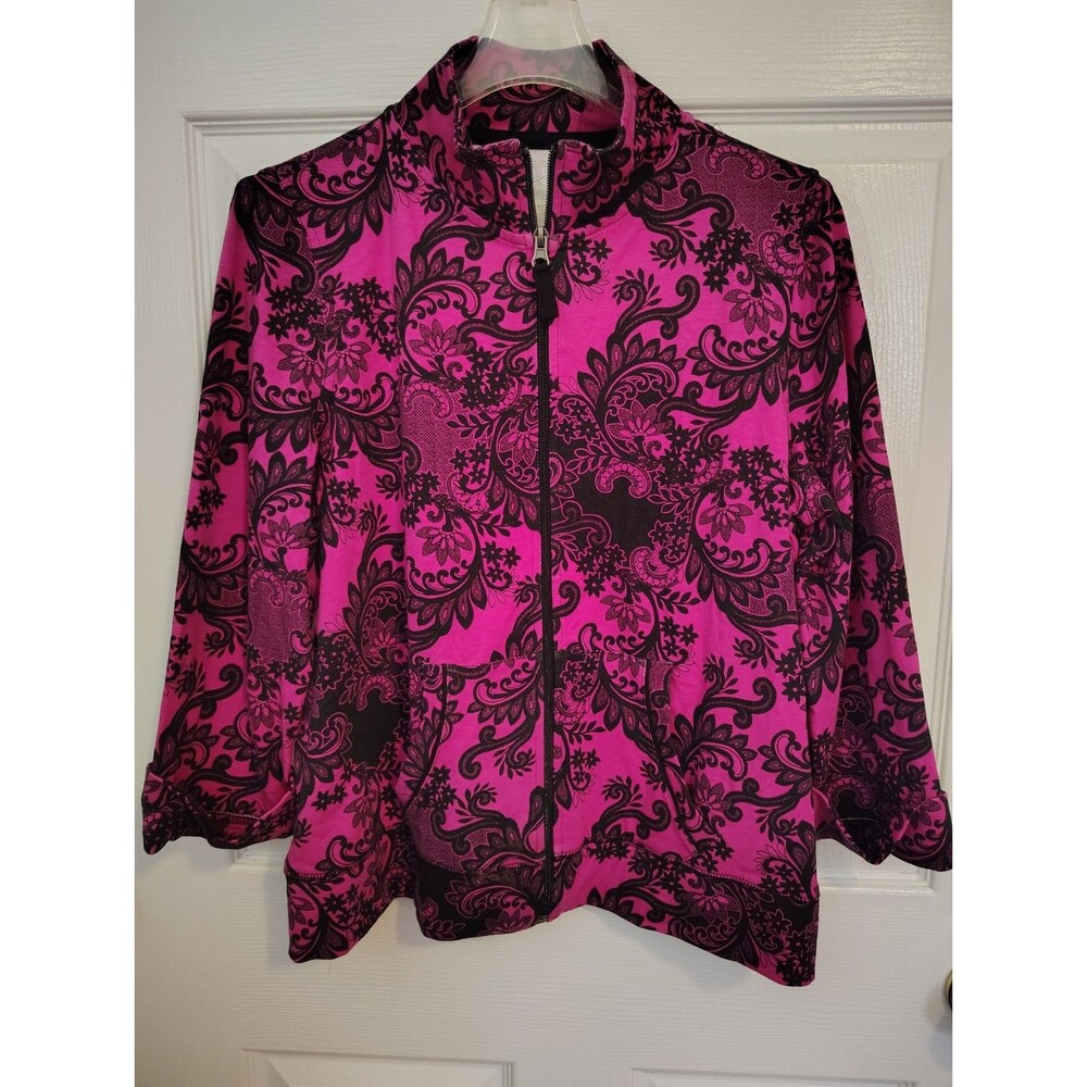 Kim Rogers Women's Petite PM Pink/Black Paisley Full Zip Short Jacket 3/4 Slv